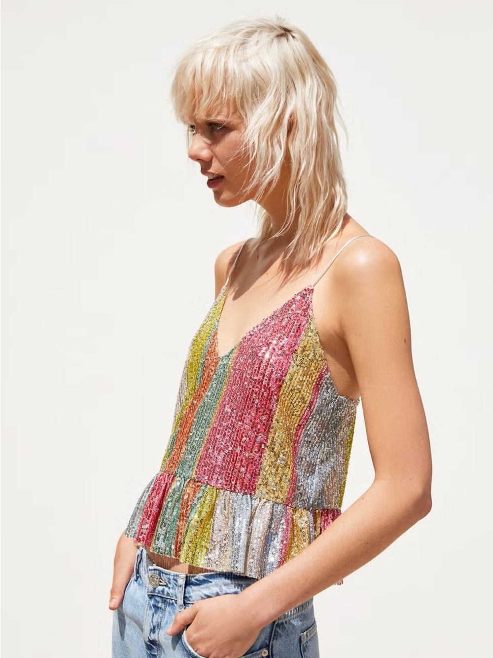 Zara multicolor striped sequin cami top with  ruffled hem. NWOT M